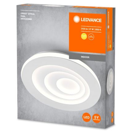 LED stropné svietidlo LEDVANCE Orbis Spiral Oval 360x300 mm s trojitým kruhovým dizajnom, ktoré je zobrazené na obale s technickými údajmi: 3130 lm, 27 W, 3000 K, vnútorné použitie, 5-ročná záruka.