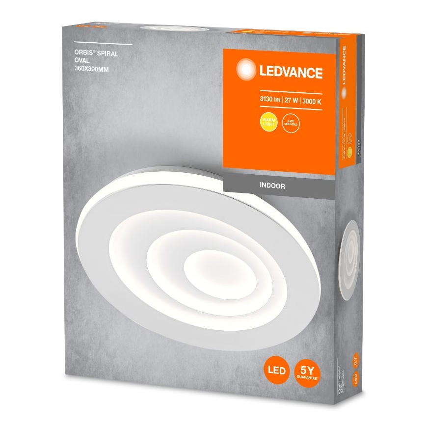 LED stropné svietidlo LEDVANCE Orbis Spiral Oval 360x300 mm s trojitým kruhovým dizajnom, ktoré je zobrazené na obale s technickými údajmi: 3130 lm, 27 W, 3000 K, vnútorné použitie, 5-ročná záruka.