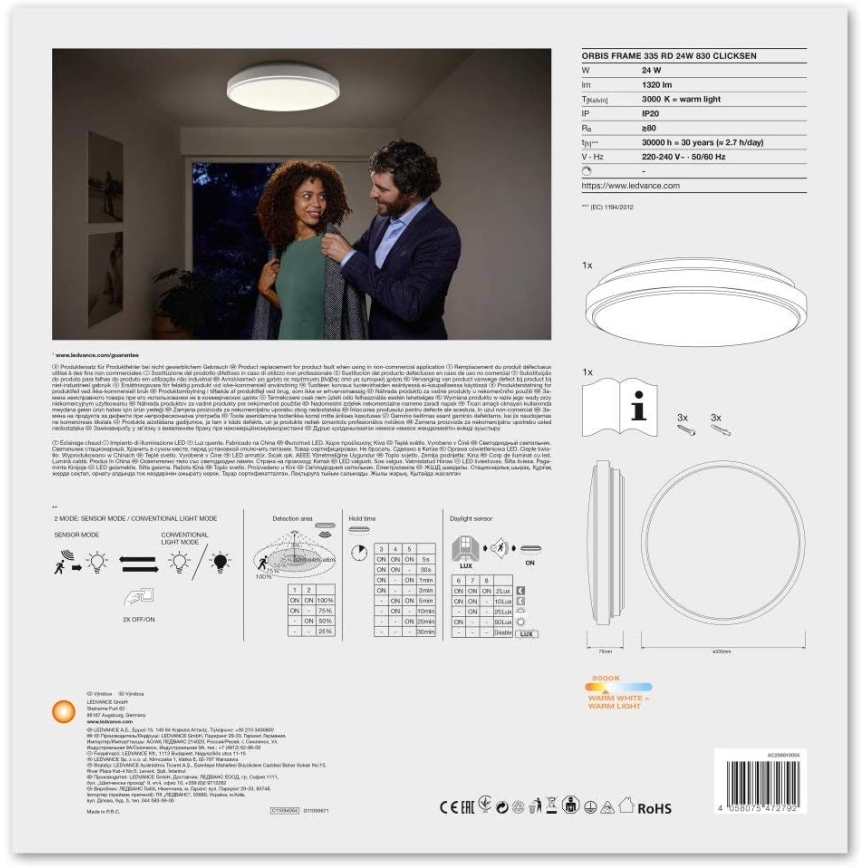 Ledvance - LED Stropné svietidlo so senzorom ORBIS LED/24W/230V 3000K