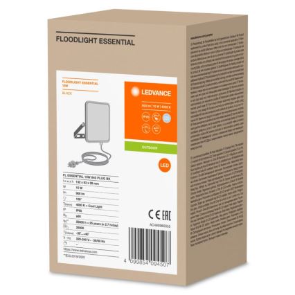 LED reflektor s prívodným káblom je zobrazený na kartónovej krabici. Krabica obsahuje technické údaje: FL ESSENTIAL 10W 840 PLUG BK, rozmery 132x83x28 mm, príkon 10 W, svetelný tok 900 lm, farebná teplota 4000 K (chladné svetlo), IP65, životnosť 25000 hodín.