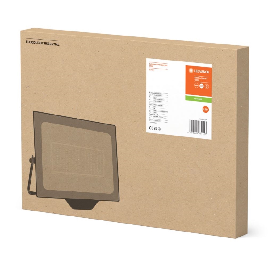 LED reflektor je zobrazený na kartónovej krabici. Krabica má názov produktu Floodlight Essential a logo LEDvance. Na etikete sú uvedené technické parametre a čiarový kód.
