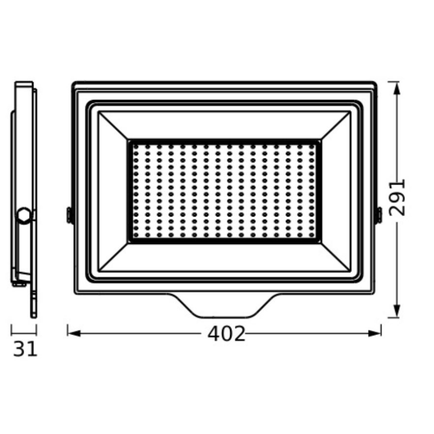 LED svietidlo s rozmermi 402 x 291 x 31 mm je zobrazené v čelnom a bočnom pohľade s detailom rozmiestnenia LED diód.
