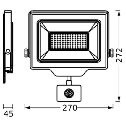 LED svetlo s pohybovým senzorom s rozmermi 270 x 272 x 45 mm. Svetlo je obdĺžnikové s LED diódami v strede. Senzor je umiestnený pod svetlom.