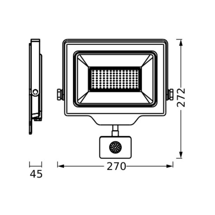 LED svetlo s pohybovým senzorom s rozmermi 270 x 272 x 45 mm. Svetlo je obdĺžnikové s LED diódami v strede. Senzor je umiestnený pod svetlom.