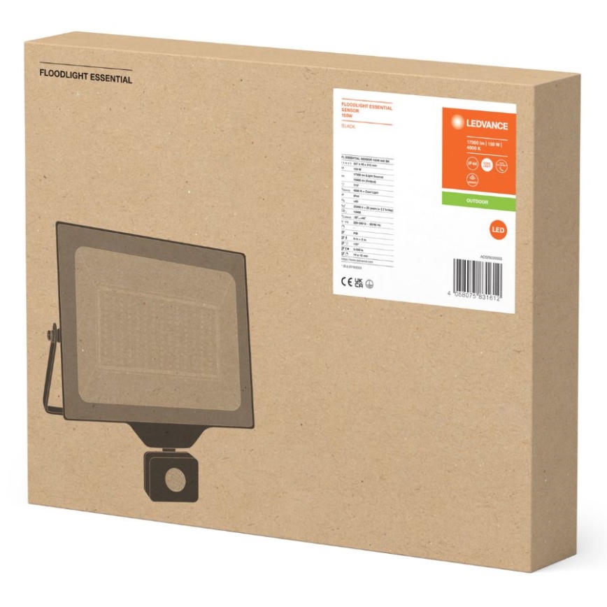 LED reflektor s detektorom pohybu je zobrazený na kartónovej krabici. Krabica obsahuje technické údaje a označenie LEDVANCE FLOODLIGHT ESSENTIAL 100W.