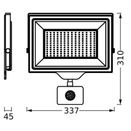 LED svetlo s pohybovým senzorom s rozmermi 337 x 310 x 45 mm. Svetlo je obdĺžnikové, s mnohými malými LED diódami. Senzor je umiestnený pod svetlom.