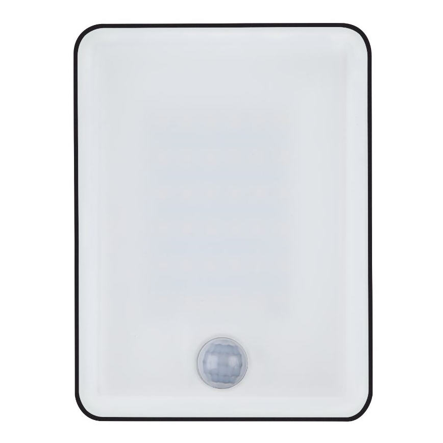 Svietidlo s pohybovým senzorom detekuje pohyb. Je obdĺžnikového tvaru, bielej farby s čiernym rámom. Senzor je umiestnený v spodnej časti.