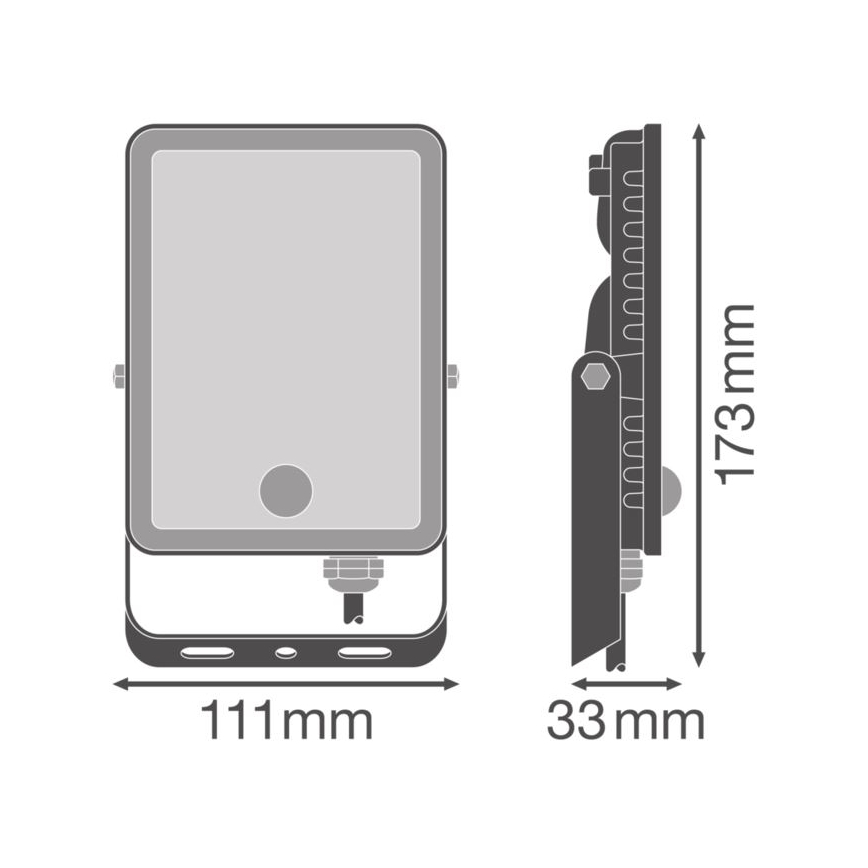 LED svetlo s rozmermi 111 mm x 173 mm x 33 mm je znázornené v čelnom a bočnom pohľade. Svetlo je obdĺžnikové, s viditeľnými montážnymi otvormi a pripojením pre kábel.