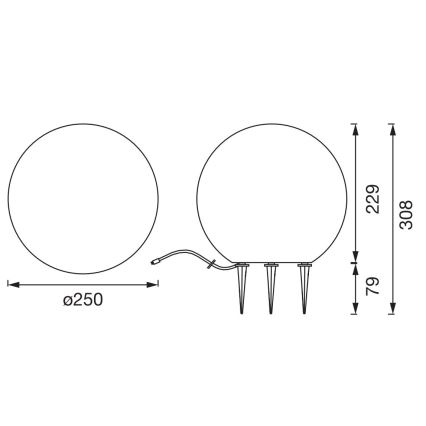 Dve guľaté svietidlá s priemerom 250 mm, jedno je upevnené na kolíkoch, obe sú spojené káblom. Výška svietidla s kolíkmi je 308 mm, šírka 229 mm, výška kolíkov 79 mm.