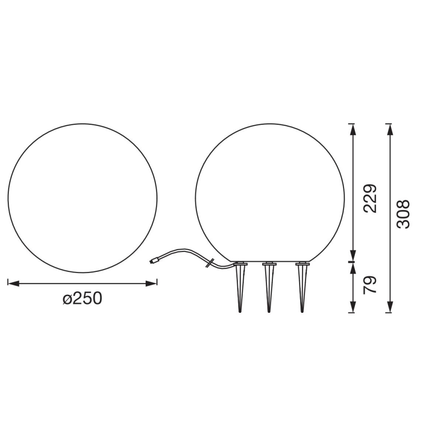 Dve guľaté svietidlá s priemerom 250 mm, jedno je upevnené na kolíkoch, obe sú spojené káblom. Výška svietidla s kolíkmi je 308 mm, šírka 229 mm, výška kolíkov 79 mm.