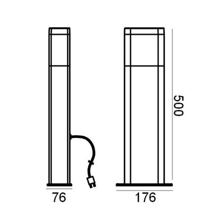 Stojacia lampa s výškou 500 mm má štíhly obdĺžnikový dizajn. Šírka základne je 76 mm, resp. 176 mm. Je zobrazená s prívodným káblom a zástrčkou.