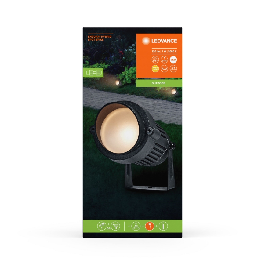 Vonkajší bodové LED svietidlo s kolíkom, svieti, zobrazené na obale. Obal uvádza: Endura Hybrid Spot Spike, 120 lm, 1 W, 3000 K, LED, ALU, SY.