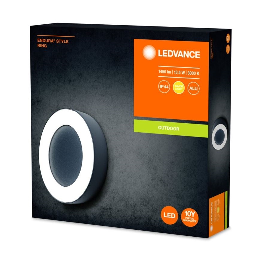 Vonkajšie LED svietidlo LEDVANCE Endura Style Ring, tvaru kruhu s bielym svetlom, je zobrazené na obale. Obal obsahuje technické údaje: 1450 lm, 13,5 W, 3000 K, IP44, hliníkové puzdro. Je určené pre vonkajšie použitie a má 10-ročnú záruku.