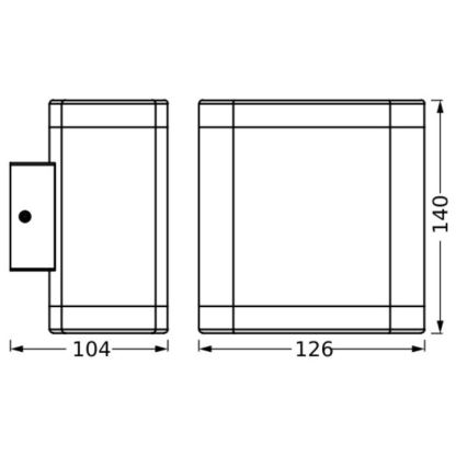 Dve nástenne montované svietidlá sú zobrazené v čelnom a bočnom pohľade s rozmermi 104 x 140 mm a 126 x 140 mm. Jedno svietidlo má na boku malý spínač.