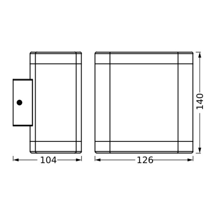 Dve nástenne montované svietidlá sú zobrazené v čelnom a bočnom pohľade s rozmermi 104 x 140 mm a 126 x 140 mm. Jedno svietidlo má na boku malý spínač.