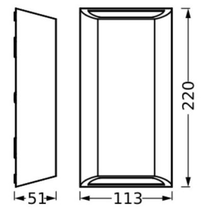 Technický výkres zobrazuje obdĺžnikový predmet s rozmermi 113 x 220 mm a hrúbkou 51 mm. Je znázornený z dvoch uhlov. Predmet má zaoblené rohy.