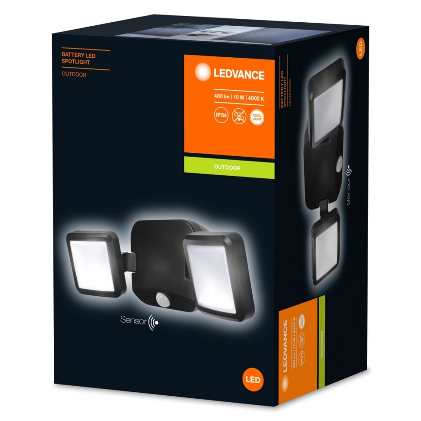 Ledvance - LED Vonkajšie nástenné svietidlo so senzorom BATTERY 2xLED/10W/4xD IP54