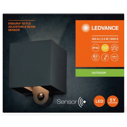 Ledvance - LED Vonkajší nabíjecí nástenné svietidlo so senzorom ENDURA STYLE LED/2,5W/5V IP54