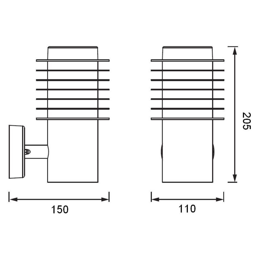Nástené svietidlo s vertikálnymi lamelami; pripevňuje sa na stenu; rozmery: 150 x 205 mm (bočný pohľad) a 110 x 205 mm (čelný pohľad).