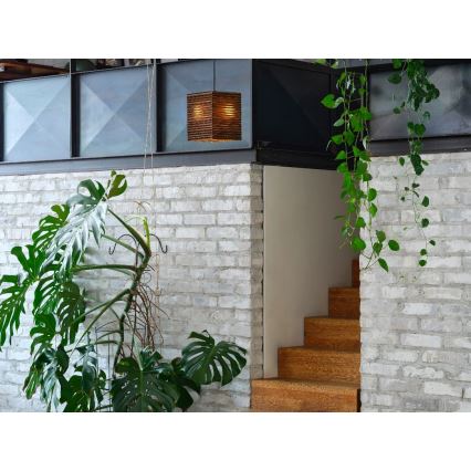 Drevená lampa visí v interiéri. Vedľa nej sa nachádza schodisko z dreva a stena z bielych tehál. Popri stene rastú zelené rastliny.