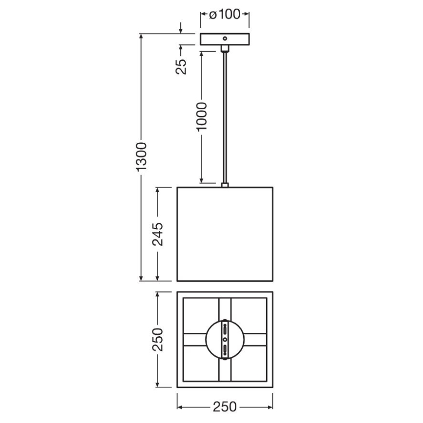 Technický výkres štvorcového závesného svietidla s rozmermi: výška 1300 mm, šírka a hĺbka 250 mm. Svietidlo má štvorcový difúzor s rozmermi 245 x 245 mm. Zobrazený je aj detail stropnej montáže s rozmermi 100 x 25 mm.