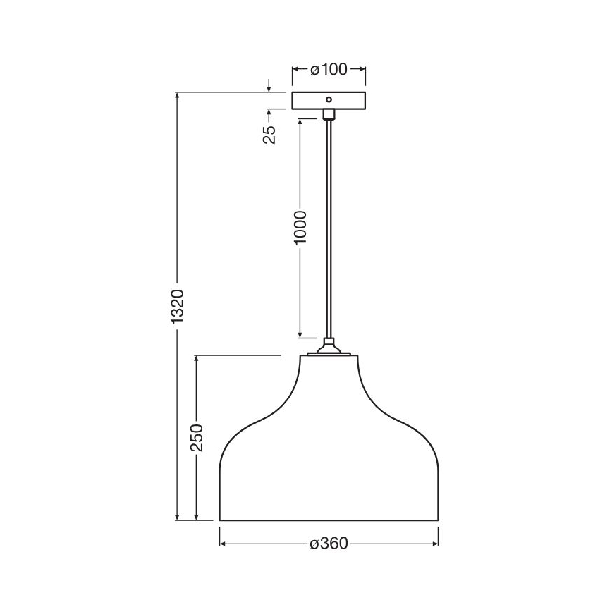 Závesné svietidlo s rozmermi 1320 x 360 x 250 mm visí zo stropu na 1000 mm dlhom káble. Priemer stropnej úchytky je 100 mm.