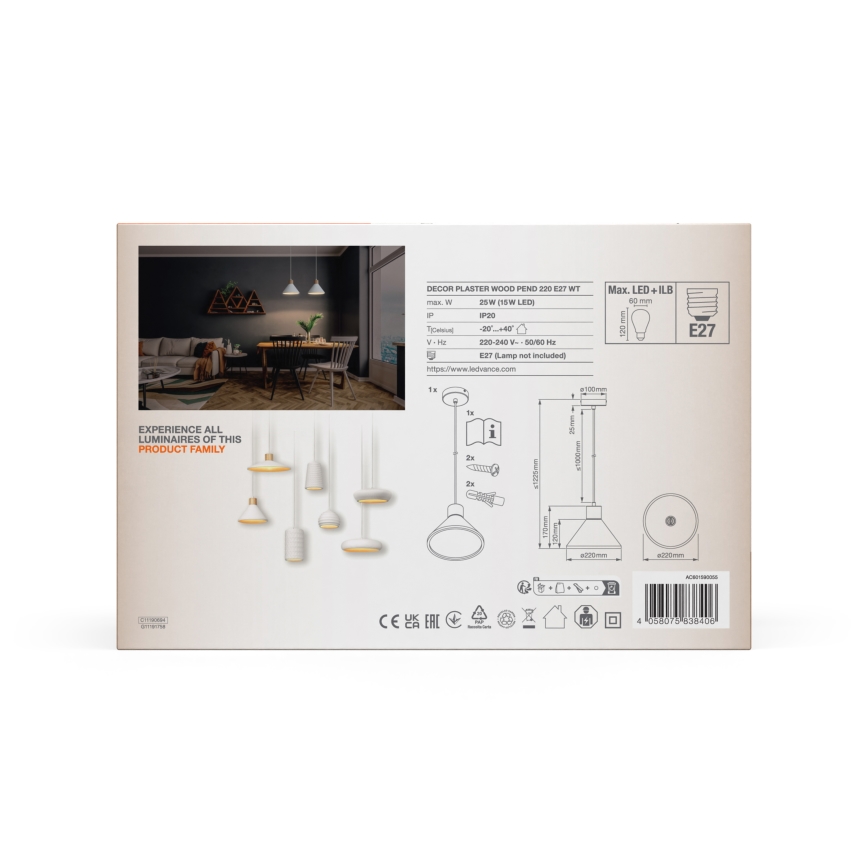 Ledvance - Luster na lanku DECOR PLASTER 1xE27/25W/230V pr. 22 cm sadra biela