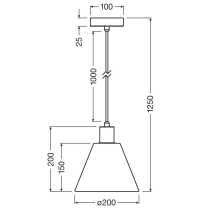 Závesné svietidlo s kužeľovitým tienidlom visí zo stropu. Tienidlo má priemer 200 mm a výšku 150 mm. Celková dĺžka svietidla je 1250 mm.
