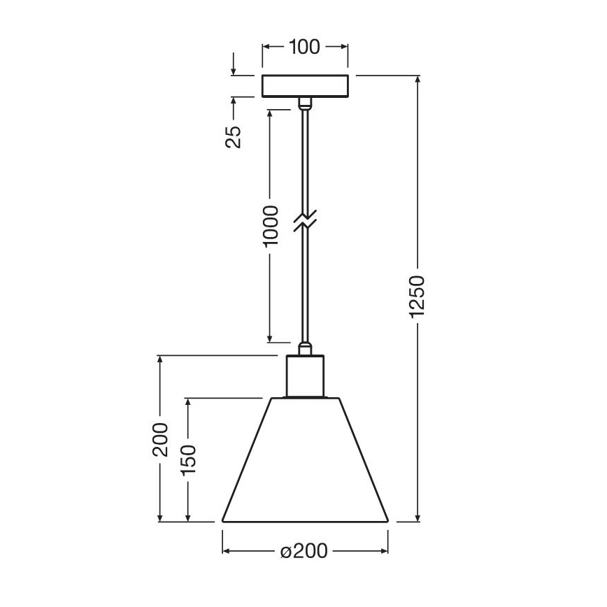 Závesné svietidlo s kužeľovitým tienidlom visí zo stropu. Tienidlo má priemer 200 mm a výšku 150 mm. Celková dĺžka svietidla je 1250 mm.