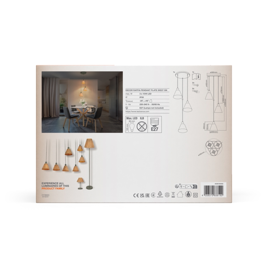 Ledvance - Luster na lanku DECOR RAFFIA 3xE27/15W/230V rafia