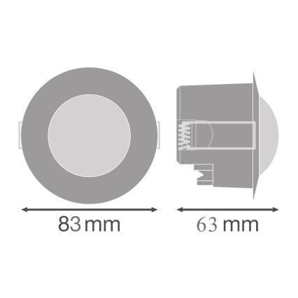 Svietidlo s priemerom 83 mm a hĺbkou 63 mm. Je zobrazené zhora a zboku, s vnútorným svetelným zdrojom. Rozmery sú uvedené na obrázku.