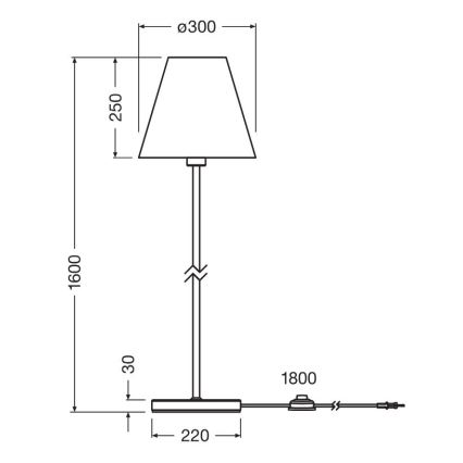Stolová lampa s kužeľovitým tienidlom stojí na obdĺžnikovom podstavci. Kábel s vypínačom je pripojený k základni. Rozmery: výška 1600 mm, šírka tienidla 300 mm, výška tienidla 250 mm, šírka podstavca 220 mm. Dĺžka kábla 1800 mm. Výška podstavca 30 mm.