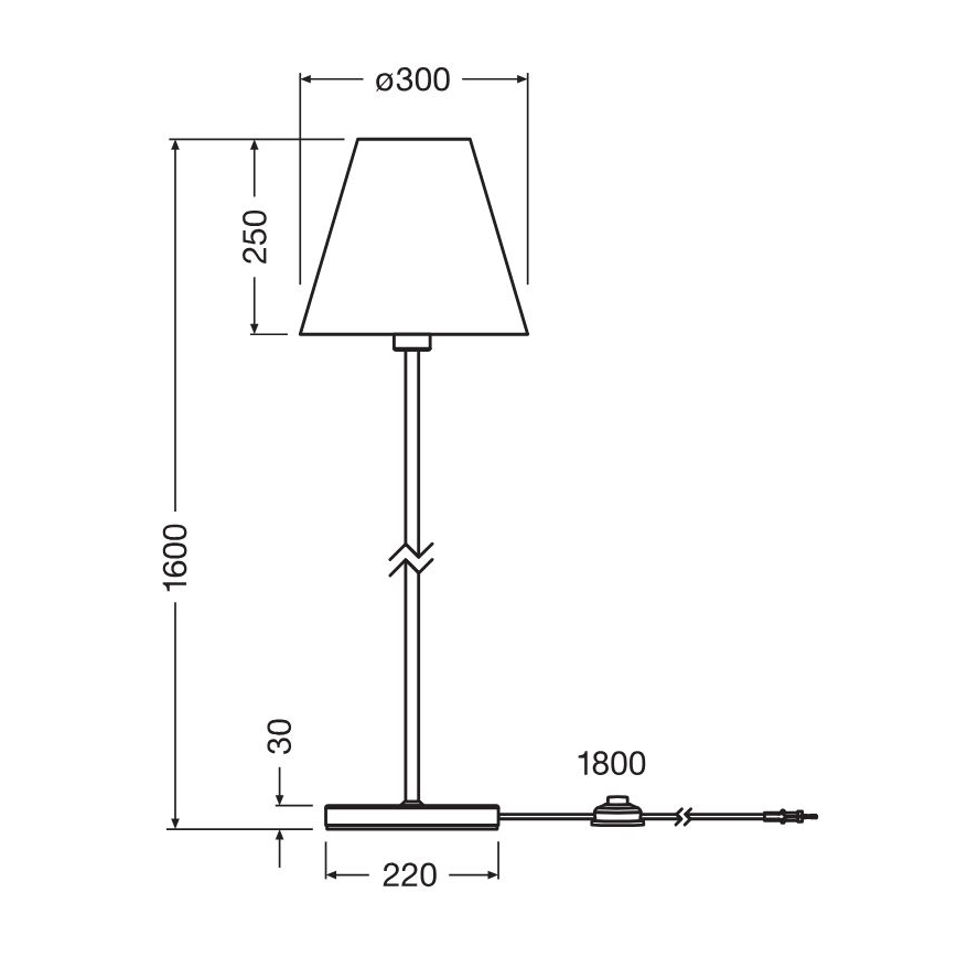 Stolová lampa s kužeľovitým tienidlom stojí na obdĺžnikovom podstavci. Kábel s vypínačom je pripojený k základni. Rozmery: výška 1600 mm, šírka tienidla 300 mm, výška tienidla 250 mm, šírka podstavca 220 mm. Dĺžka kábla 1800 mm. Výška podstavca 30 mm.