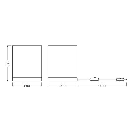 Stolová lampa s rozmermi 200x200x270 mm je znázornená v čelnom a bočnom pohľade. Lampa má pripojený 1500 mm dlhý kábel s vypínačom.