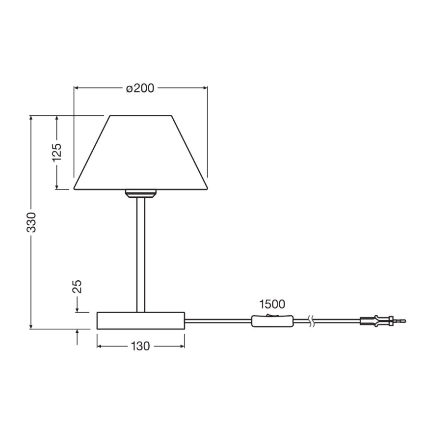 Stolová lampa s kužeľovitým tienidlom stojí na štvorcovej základni. Je pripojená k sieti pomocou kábla so stmievačom. Rozmery: výška 330 mm, šírka tienidla 200 mm, základňa 130 mm, dĺžka kábla 1500 mm.
