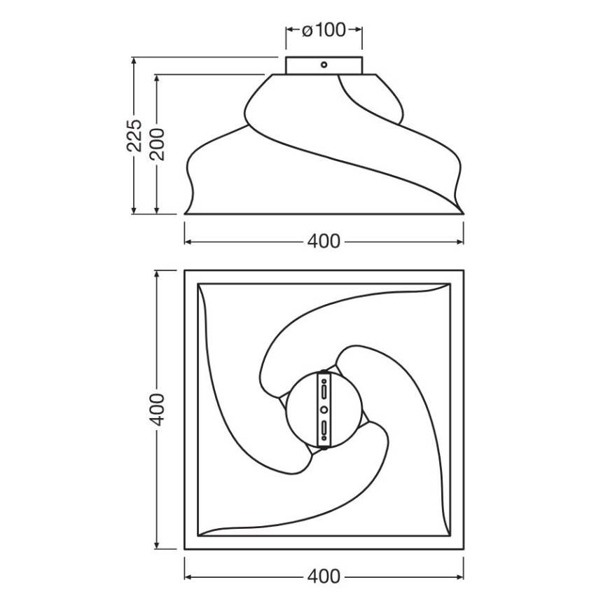 Technický výkres stropného svietidla. Svietidlo má špirálovito tvarovaný tienidlo, rozmery 400x400x225 mm. Priemer montážnej dosky je 100 mm.