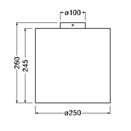 Štvorcové svietidlo s rozmermi 245 x 260 mm a uhlopriečkou 250 mm je znázornené v technickom výkrese. Svietidlo je pripevnené k stropu pomocou 100 mm širokého prvku.