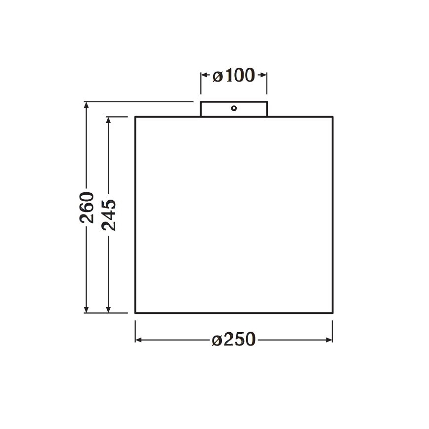 Štvorcové svietidlo s rozmermi 245 x 260 mm a uhlopriečkou 250 mm je znázornené v technickom výkrese. Svietidlo je pripevnené k stropu pomocou 100 mm širokého prvku.