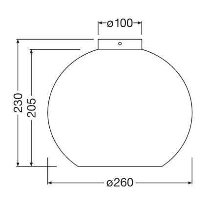 Guľová lampa s priemerom 260 mm a výškou 230 mm je znázornená s technickými rozmermi. Horný priemer je 100 mm a spodná časť je mierne sploštená. Rozmer 205 mm udáva výšku od sploštenej spodnej časti k hornému priemeru.