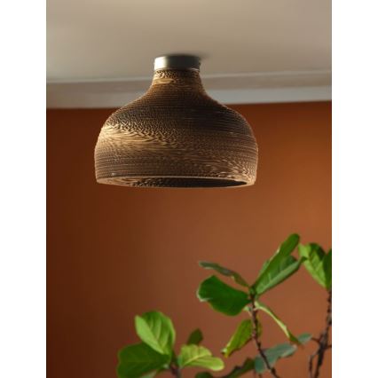 Hnedá stropná lampa z vlnitej lepenky visí zo stropu. Je umiestnená v miestnosti s hnedo-oranžovou stenou. V popredí je viditeľna časť zelenej rastliny.