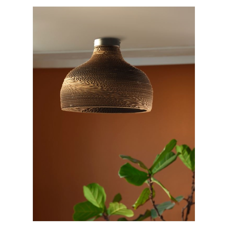 Hnedá stropná lampa z vlnitej lepenky visí zo stropu. Je umiestnená v miestnosti s hnedo-oranžovou stenou. V popredí je viditeľna časť zelenej rastliny.