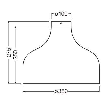 Technický výkres svietidla. Svietidlo má tvar zvona, rozmery 275 x 250 x 360 mm (v x š x priemer). Horná časť s priemerom 100 mm je určená na uchytenie.