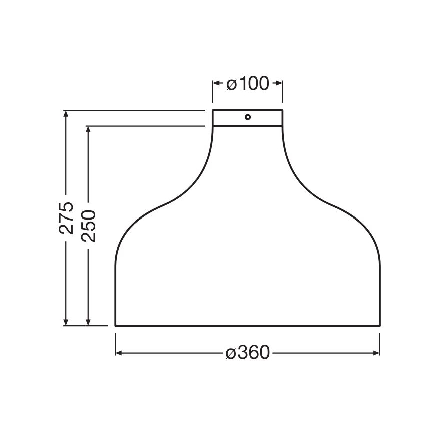 Technický výkres svietidla. Svietidlo má tvar zvona, rozmery 275 x 250 x 360 mm (v x š x priemer). Horná časť s priemerom 100 mm je určená na uchytenie.