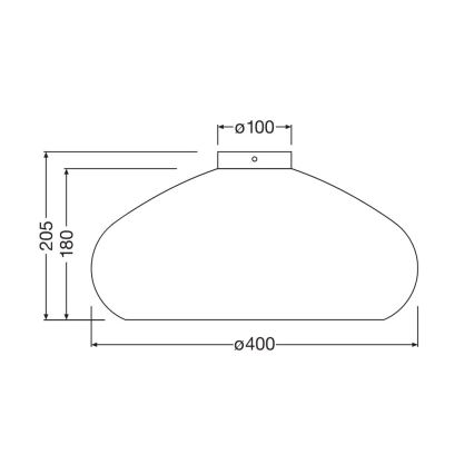 Technický výkres zobrazuje stropné svietidlo oválneho tvaru s rozmermi: výška 205 mm, šírka 400 mm, výška k montážnej časti 180 mm a priemer montážnej časti 100 mm.