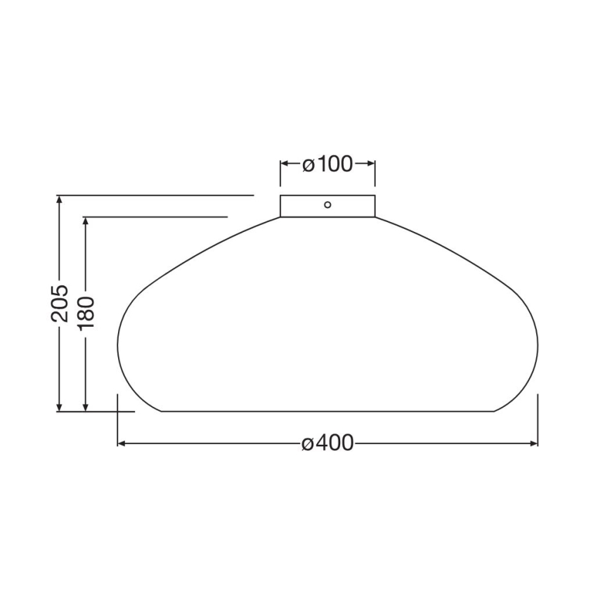 Technický výkres zobrazuje stropné svietidlo oválneho tvaru s rozmermi: výška 205 mm, šírka 400 mm, výška k montážnej časti 180 mm a priemer montážnej časti 100 mm.