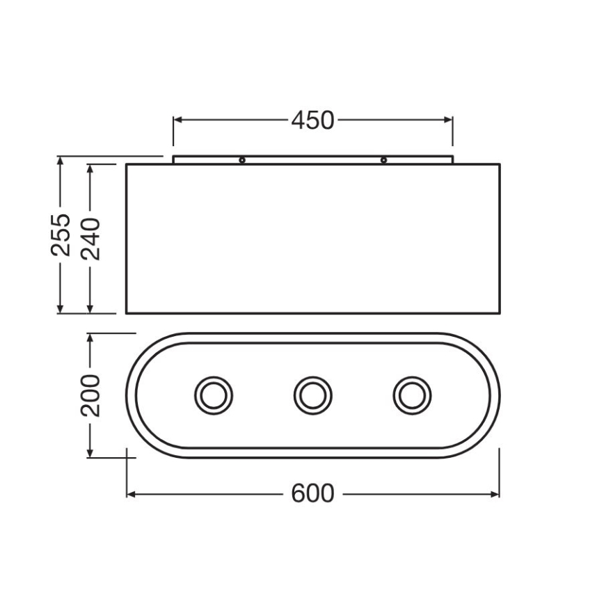 Technický výkres trojlampy. Svietidlo je oválne, s tromi otvormi pre žiarovky, rozmery 600 x 200 mm. Horná časť s rozmermi 450 x 255 x 240 mm slúži na uchytenie.