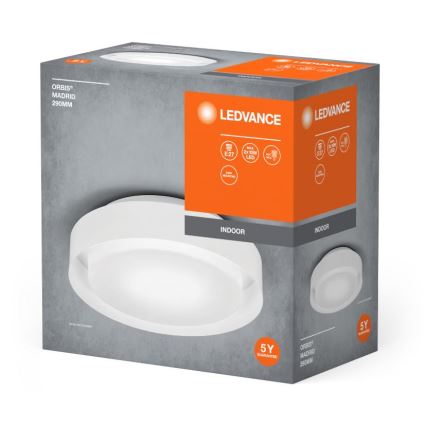 Biela LED lampa, oválneho tvaru, je zobrazená v balení. Balenie obsahuje názov produktu: Orbis Madrid 290mm a logo Ledvance. Je určené pre vnútorné použitie (Indoor). Záruka je 5 rokov.