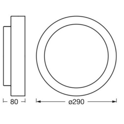 Svietidlo s priemerom 290 mm a hĺbkou 80 mm je zobrazené v čelnom a bočnom pohľade s rozmermi.