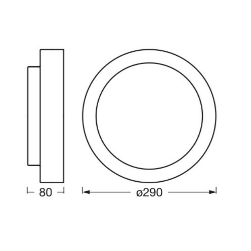 Svietidlo s priemerom 290 mm a hĺbkou 80 mm je zobrazené v čelnom a bočnom pohľade s rozmermi.