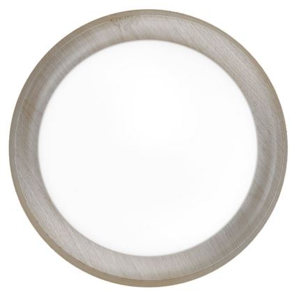 Okrúhle stropné svetlo s dreveným rámom je zobrazené na bielom pozadí. Svetlo má biely difúzor a sivohnedý rám s viditeľnou textúrou dreva.